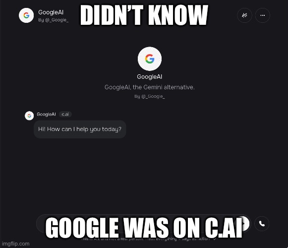 When, how and why? | DIDN’T KNOW; GOOGLE WAS ON C.AI | image tagged in google on c ai | made w/ Imgflip meme maker