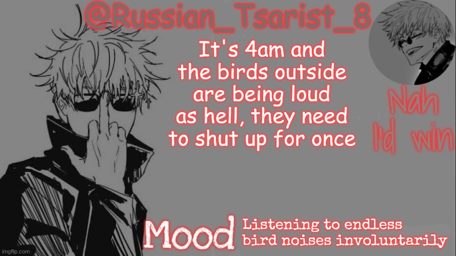 Russian_Tsarist_8 announcement temp (Thanks, Gojo-Satoru) | It's 4am and the birds outside are being loud as hell, they need to shut up for once; Listening to endless bird noises involuntarily | image tagged in russian_tsarist_8 announcement temp thanks gojo-satoru | made w/ Imgflip meme maker