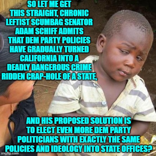 Yeah Californians you Useful Idiots continue doing exactly what you have been doing. | SO LET ME GET THIS STRAIGHT, CHRONIC LEFTIST SCUMBAG SENATOR ADAM SCHIFF ADMITS THAT DEM PARTY POLICIES HAVE GRADUALLY TURNED CALIFORNIA INTO A DEADLY DANGEROUS CRIME RIDDEN CRAP-HOLE OF A STATE, AND HIS PROPOSED SOLUTION IS TO ELECT EVEN MORE DEM PARTY POLITICIANS WITH EXACTLY THE SAME POLICIES AND IDEOLOGY INTO STATE OFFICES? | image tagged in third world skeptical kid | made w/ Imgflip meme maker