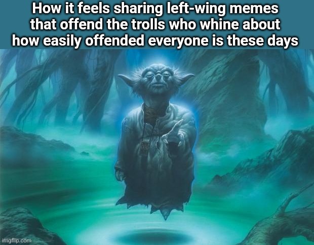 Master Yoda Zen | How it feels sharing left-wing memes that offend the trolls who whine about how easily offended everyone is these days | image tagged in master yoda zen,scumbag republicans,terrorists,trailer trash,conservative hypocrisy,pedophiles | made w/ Imgflip meme maker