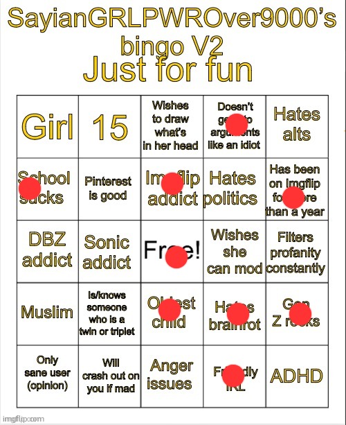 SayianGRLPWROver9000’s bingo V2 | image tagged in sayiangrlpwrover9000 s bingo v2 | made w/ Imgflip meme maker