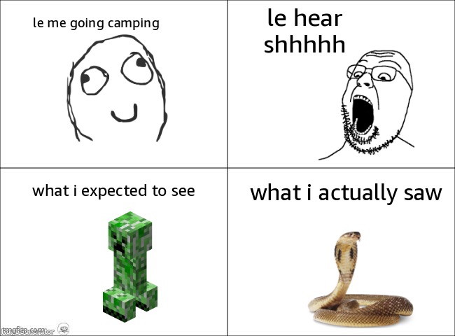Its not even that dangerous | le me going camping; le hear shhhhh; what i actually saw; what i expected to see | image tagged in 4 panel comic | made w/ Imgflip meme maker
