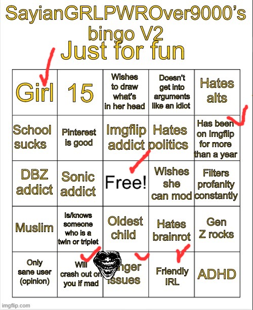 SayianGRLPWROver9000’s bingo V2 | image tagged in sayiangrlpwrover9000 s bingo v2 | made w/ Imgflip meme maker