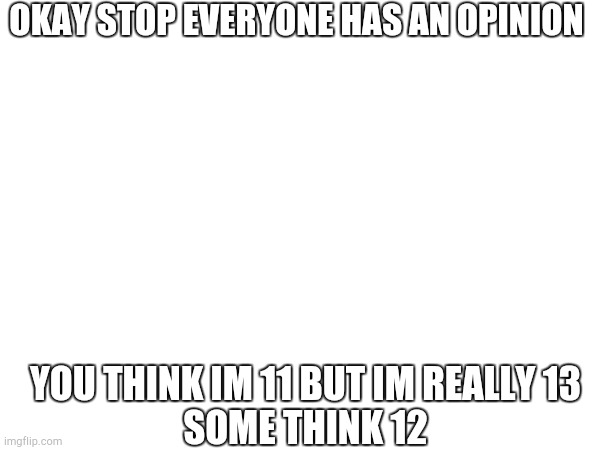 OKAY STOP EVERYONE HAS AN OPINION YOU THINK IM 11 BUT IM REALLY 13
SOME THINK 12 | made w/ Imgflip meme maker