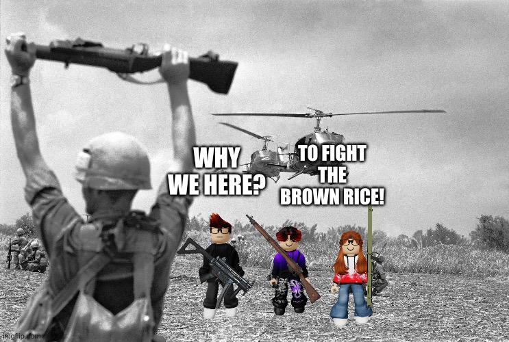 The trees speak Brown rice! | TO FIGHT THE BROWN RICE! WHY WE HERE? | image tagged in vietnam war meme,brown rice cult,mc,william,cc | made w/ Imgflip meme maker