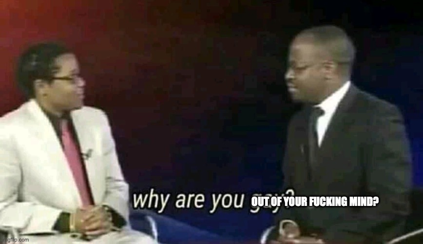 Why are you gay? | OUT OF YOUR FUCKING MIND? | image tagged in why are you gay | made w/ Imgflip meme maker