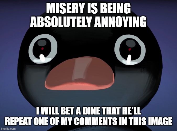 what a bitch. | MISERY IS BEING ABSOLUTELY ANNOYING; I WILL BET A DINE THAT HE'LL REPEAT ONE OF MY COMMENTS IN THIS IMAGE | image tagged in pingu stare | made w/ Imgflip meme maker
