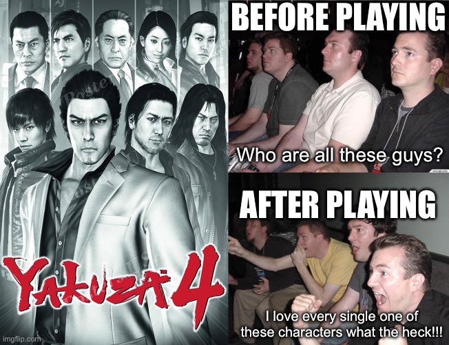 BEFORE PLAYING; Who are all these guys? AFTER PLAYING; I love every single one of these characters what the heck!!! | image tagged in reaction guys | made w/ Imgflip meme maker