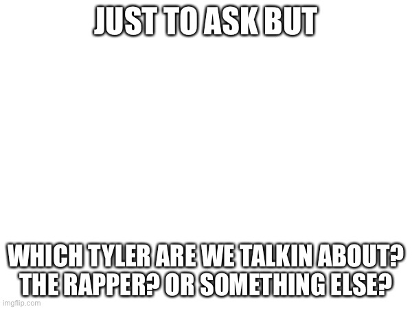 just asking | JUST TO ASK BUT; WHICH TYLER ARE WE TALKIN ABOUT?
THE RAPPER? OR SOMETHING ELSE? | image tagged in question | made w/ Imgflip meme maker