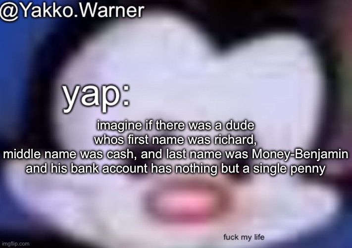 yappo i mean yakko.warner template | imagine if there was a dude whos first name was richard, middle name was cash, and last name was Money-Benjamin

and his bank account has nothing but a single penny | image tagged in yappo i mean yakko warner template | made w/ Imgflip meme maker