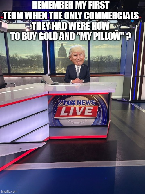 Dude changed a lot more than just the WH | REMEMBER MY FIRST TERM WHEN THE ONLY COMMERCIALS THEY HAD WERE HOW TO BUY GOLD AND "MY PILLOW" ? | image tagged in fox news trump commercials meme | made w/ Imgflip meme maker