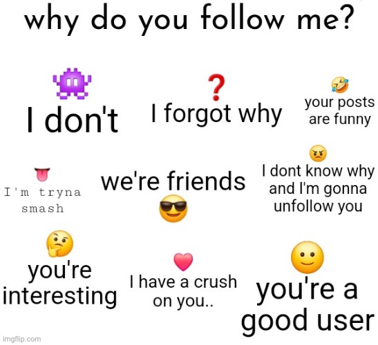 New minitrend ig | image tagged in why do you follow me | made w/ Imgflip meme maker