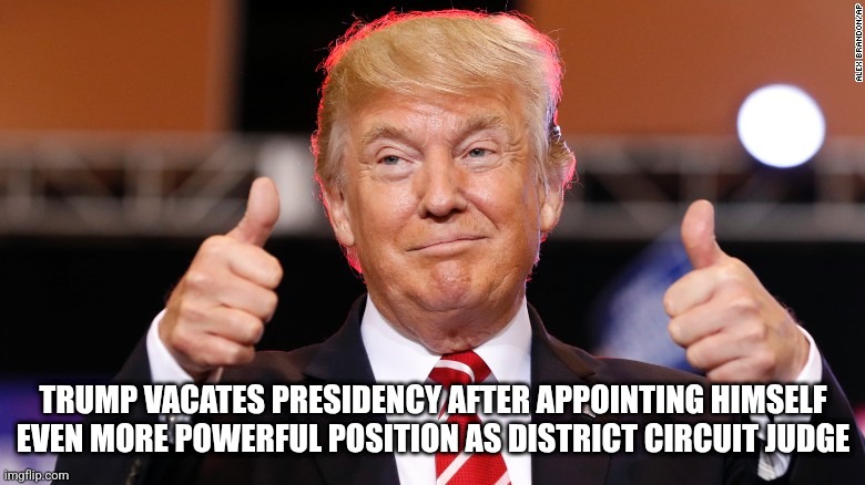 Donald Trump thumbs up | TRUMP VACATES PRESIDENCY AFTER APPOINTING HIMSELF EVEN MORE POWERFUL POSITION AS DISTRICT CIRCUIT JUDGE | image tagged in donald trump thumbs up | made w/ Imgflip meme maker