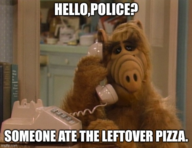 Alf on the Phone | HELLO,POLICE? SOMEONE ATE THE LEFTOVER PIZZA. | image tagged in alf on the phone | made w/ Imgflip meme maker