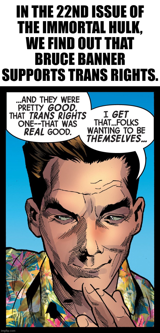 This is real. xD | IN THE 22ND ISSUE OF
THE IMMORTAL HULK,
WE FIND OUT THAT
BRUCE BANNER
SUPPORTS TRANS RIGHTS. | image tagged in hulk | made w/ Imgflip meme maker
