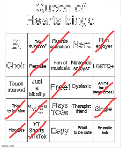 Queen of hearts bingo | image tagged in queen of hearts bingo | made w/ Imgflip meme maker