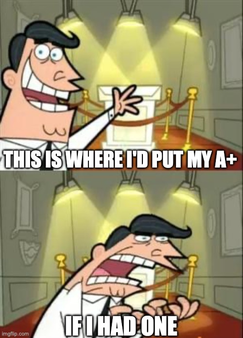 I actually scored that grade in exams before | THIS IS WHERE I'D PUT MY A+; IF I HAD ONE | image tagged in memes,this is where i'd put my trophy if i had one,funny,grades,relatable,perfection | made w/ Imgflip meme maker