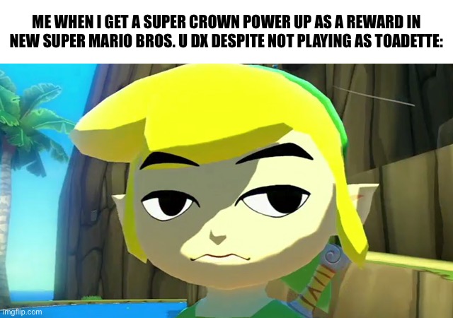 That One Moment In New Super Mario Bros. U DX | ME WHEN I GET A SUPER CROWN POWER UP AS A REWARD IN NEW SUPER MARIO BROS. U DX DESPITE NOT PLAYING AS TOADETTE: | image tagged in zelda | made w/ Imgflip meme maker