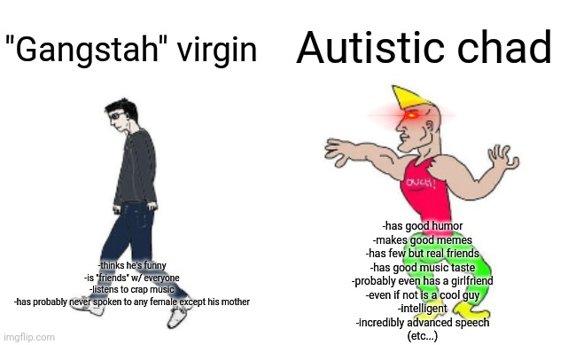Debate in comments and w/ up-and downvotes | Autistic chad; "Gangstah" virgin; -has good humor
-makes good memes
-has few but real friends
-has good music taste
-probably even has a girlfriend
-even if not is a cool guy
-intelligent
-incredibly advanced speech
(etc...); -thinks he's funny
-is "friends" w/ everyone
-listens to crap music
-has probably never spoken to any female except his mother | image tagged in virgin vs chad,autism | made w/ Imgflip meme maker