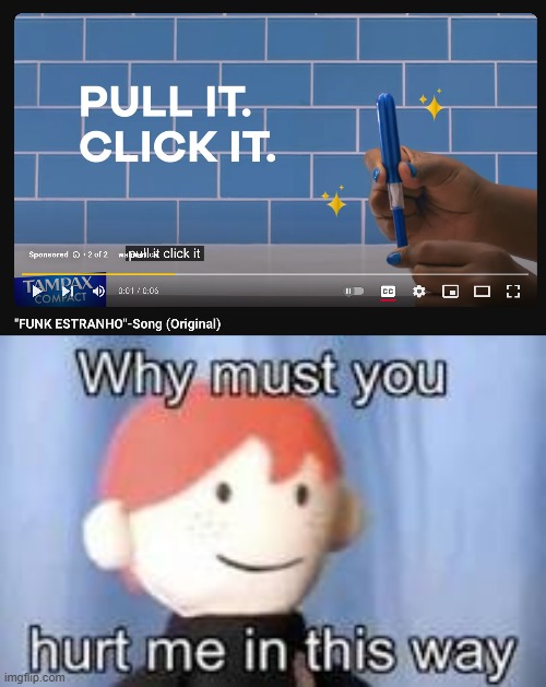Okay seriously? getting t*mpon ads while listening to funk? It's starting to get more ridiculous. | image tagged in why must you hurt me in this way,ads,phonk,youtube | made w/ Imgflip meme maker