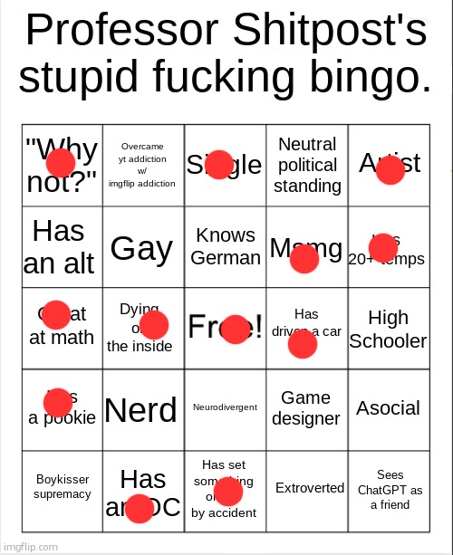 i do have an oc you guys just dont get to see him | image tagged in professor shitpost's stupid bingo | made w/ Imgflip meme maker