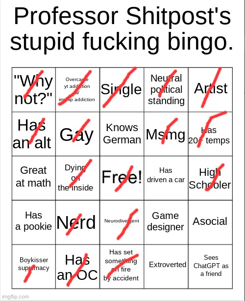 Rare double bingo | image tagged in professor shitpost's stupid bingo | made w/ Imgflip meme maker