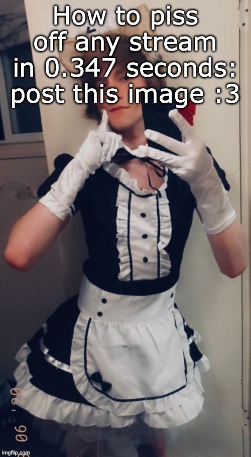 cute femboy | How to piss off any stream in 0.347 seconds: post this image :3 | image tagged in cute femboy | made w/ Imgflip meme maker