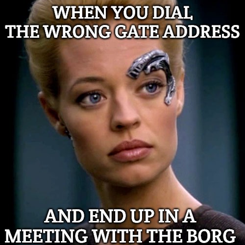 Seven of Nine Serious | WHEN YOU DIAL THE WRONG GATE ADDRESS; AND END UP IN A MEETING WITH THE BORG | image tagged in seven of nine serious,slavic lives matter,slavic stargate | made w/ Imgflip meme maker