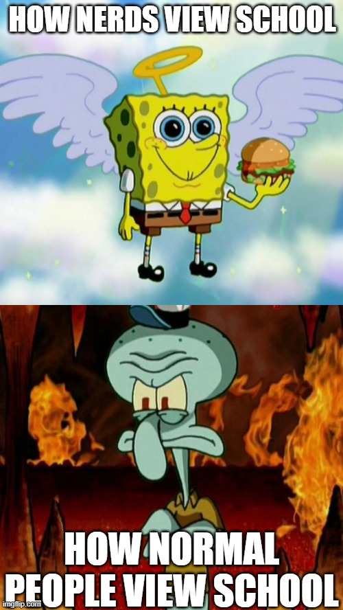 IDK about you, but I agree with normal people | HOW NERDS VIEW SCHOOL; HOW NORMAL PEOPLE VIEW SCHOOL | image tagged in spongebob,school | made w/ Imgflip meme maker