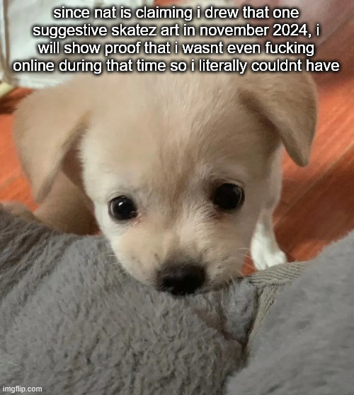 hi | since nat is claiming i drew that one suggestive skatez art in november 2024, i will show proof that i wasnt even fucking online during that time so i literally couldnt have | image tagged in hi | made w/ Imgflip meme maker