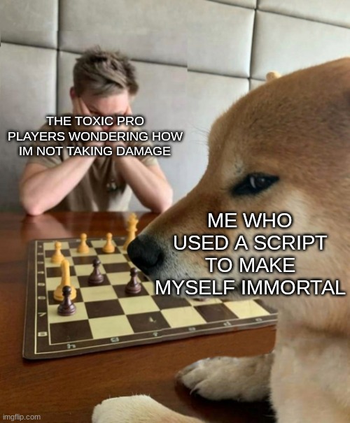 fools... | THE TOXIC PRO PLAYERS WONDERING HOW IM NOT TAKING DAMAGE; ME WHO USED A SCRIPT TO MAKE MYSELF IMMORTAL | image tagged in chess doge | made w/ Imgflip meme maker