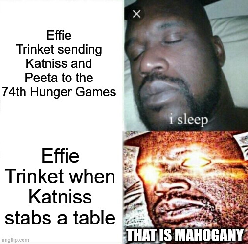 that is mahogany | Effie Trinket sending Katniss and Peeta to the 74th Hunger Games; Effie Trinket when Katniss stabs a table; THAT IS MAHOGANY | image tagged in memes,sleeping shaq,the hunger games,hunger games,that is mahogany,mahogany | made w/ Imgflip meme maker