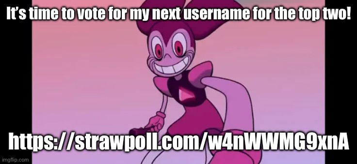 The top two names will advance. | It’s time to vote for my next username for the top two! https://strawpoll.com/w4nWWMG9xnA | image tagged in event template | made w/ Imgflip meme maker