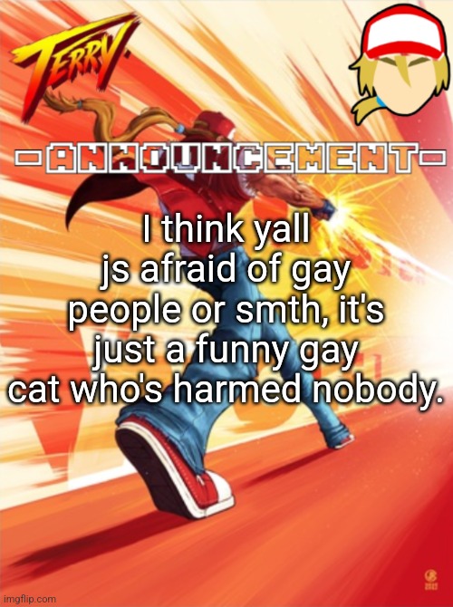 This has to be one of the dumbest things we've talked abt | I think yall js afraid of gay people or smth, it's just a funny gay cat who's harmed nobody. | image tagged in terry bogard temp better | made w/ Imgflip meme maker