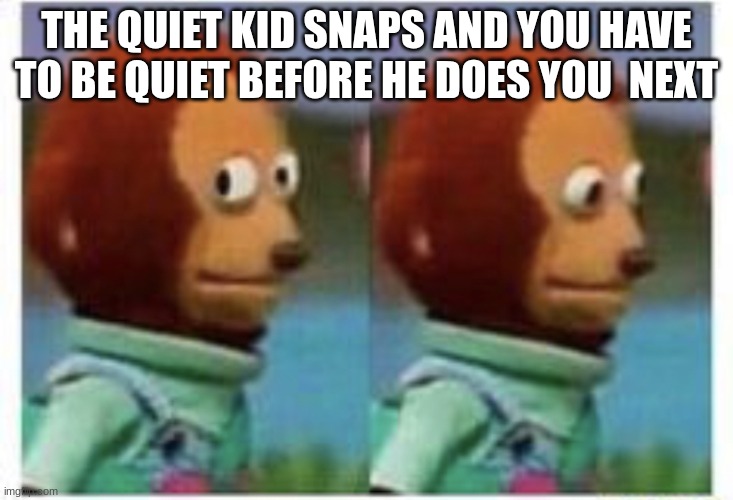 side eye teddy | THE QUIET KID SNAPS AND YOU HAVE TO BE QUIET BEFORE HE DOES YOU  NEXT | image tagged in side eye teddy | made w/ Imgflip meme maker