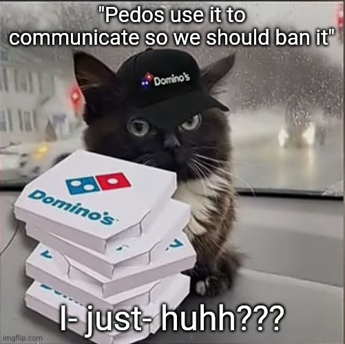 dominos cat | "Pedos use it to communicate so we should ban it"; I- just- huhh??? | image tagged in dominos cat | made w/ Imgflip meme maker