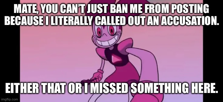 Buh, mod abuse or a genuine point, but I was pointing out an accusation. | MATE, YOU CAN’T JUST BAN ME FROM POSTING BECAUSE I LITERALLY CALLED OUT AN ACCUSATION. EITHER THAT OR I MISSED SOMETHING HERE. | image tagged in event template | made w/ Imgflip meme maker