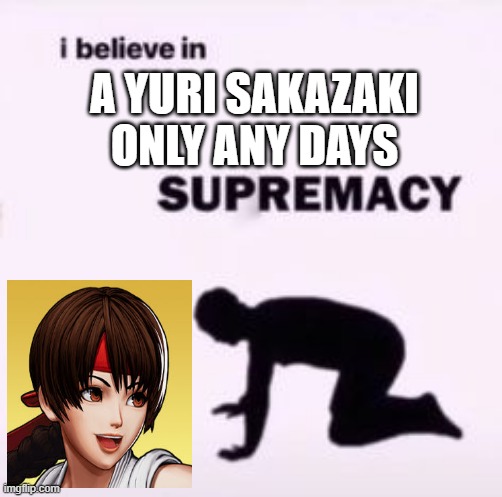 i beliver in yuri sakazaki supremacy | A YURI SAKAZAKI ONLY ANY DAYS | image tagged in i believe in supremacy,king of fighters,supremacy,female,yuri sakazaki | made w/ Imgflip meme maker
