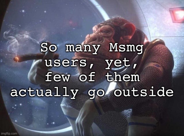 Space monkey smoking cigar | So many Msmg users, yet, few of them actually go outside | image tagged in space monkey smoking cigar,msmg | made w/ Imgflip meme maker