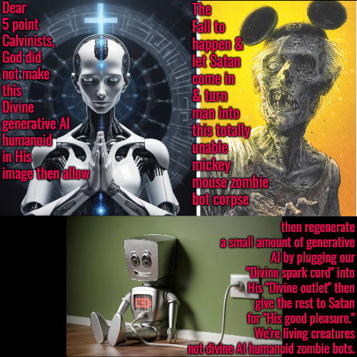 Man Is Not Divine AI Zombie Bots read my post beneath picture. Well I need to type it first though | Dear 5 point Calvinists, God did not make this Divine generative AI humanoid in His image then allow; The Fall to happen & let Satan come in & turn man into this totally unable mickey mouse zombie bot corpse; then regenerate a small amount of generative AI by plugging our "Divine spark cord" into His "Divine outlet" then give the rest to Satan for "His good pleasure." We're living creatures not divine AI humanoid zombie bots. | image tagged in calvinism,arminian,molinism,reformed theology 5 point calvinism,ai gnostic subtly catholic marionette zombie | made w/ Imgflip meme maker