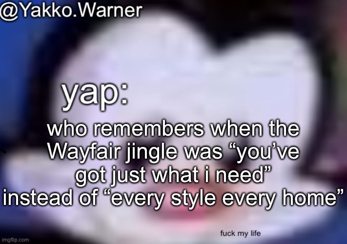 yappo i mean yakko.warner template | who remembers when the Wayfair jingle was “you’ve got just what i need” instead of “every style every home” | image tagged in yappo i mean yakko warner template | made w/ Imgflip meme maker