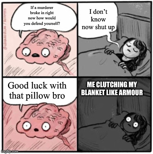 Brain Defense | I don’t know now shut up; If a murderer broke in right now how would you defend yourself? Good luck with that pillow bro; ME CLUTCHING MY BLANKET LIKE ARMOUR | image tagged in brain before sleep,brain | made w/ Imgflip meme maker