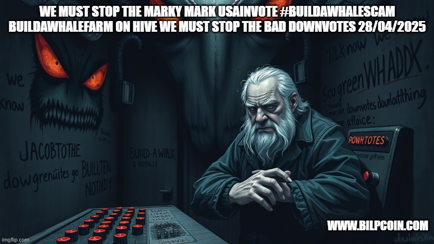 WE MUST STOP THE MARKY MARK USAINVOTE #BUILDAWHALESCAM BUILDAWHALEFARM ON HIVE WE MUST STOP THE BAD DOWNVOTES 28/04/2025; WWW.BILPCOIN.COM | made w/ Imgflip meme maker