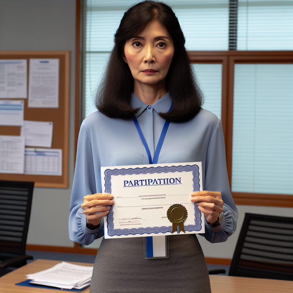 employee holding a participation certificate with a deadpan face Blank Meme Template