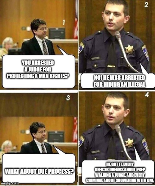 Everyone wins! | YOU ARRESTED A JUDGE FOR PROTECTING A MAN RIGHTS? NO! HE WAS ARRESTED FOR HIDING AN ILLEGAL; HE GOT IT, EVERY OFFICER DREAMS ABOUT PREP WALKING A JUDGE, AND EVERY CRIMINAL ABOUT SHOWERING WITH ONE; WHAT ABOUT DUE PROCESS? | image tagged in cop on the witness stand,illegal immigration,activist judge,drop the soap,accountability,justice beats just us | made w/ Imgflip meme maker