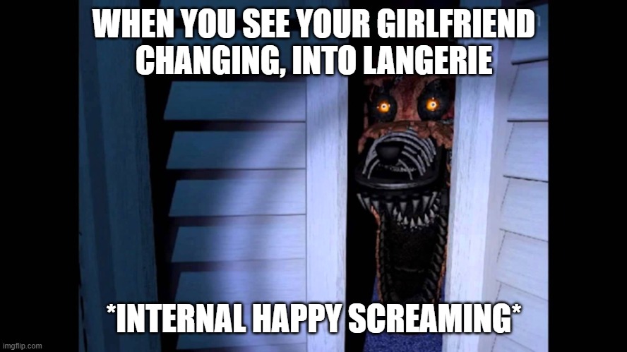 Foxy FNaF 4 | WHEN YOU SEE YOUR GIRLFRIEND CHANGING, INTO LANGERIE; *INTERNAL HAPPY SCREAMING* | image tagged in foxy fnaf 4 | made w/ Imgflip meme maker