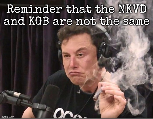 NKVD is SAY worse than the KGB | Reminder that the NKVD and KGB are not the same | image tagged in elon musk smoking a joint,msmg | made w/ Imgflip meme maker