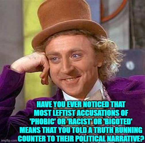 I thought I noticed you noticing. | HAVE YOU EVER NOTICED THAT MOST LEFTIST ACCUSATIONS OF 'PHOBIC' OR 'RACIST' OR 'BIGOTED' MEANS THAT YOU TOLD A TRUTH RUNNING COUNTER TO THEIR POLITICAL NARRATIVE? | image tagged in creepy condescending wonka | made w/ Imgflip meme maker