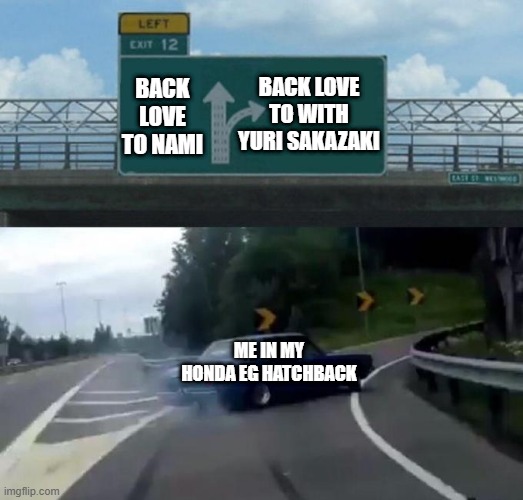 choose way in highway destiny | BACK LOVE TO WITH YURI SAKAZAKI; BACK LOVE TO NAMI; ME IN MY HONDA EG HATCHBACK | image tagged in swerving car,female,love,choosing | made w/ Imgflip meme maker