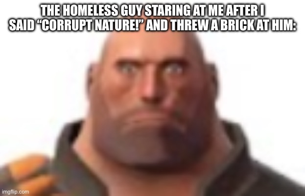 Gm people | THE HOMELESS GUY STARING AT ME AFTER I SAID “CORRUPT NATURE!” AND THREW A BRICK AT HIM: | image tagged in close-up staring heavy | made w/ Imgflip meme maker